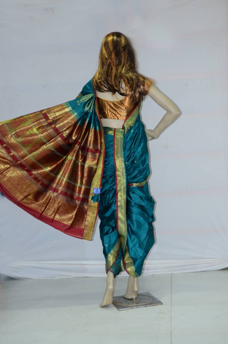 peacock blue woven art silk brahaman ready made nauvari saree