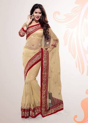 Beige Embroidered Net Party Wear Saree With Blouse 1