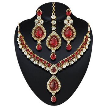 Wedding Wear Red Austrian Stone Gold Finishing Necklace Set With Maang Tikka 1