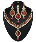 Wedding Wear Red Austrian Stone Gold Finishing Necklace Set With Maang Tikka