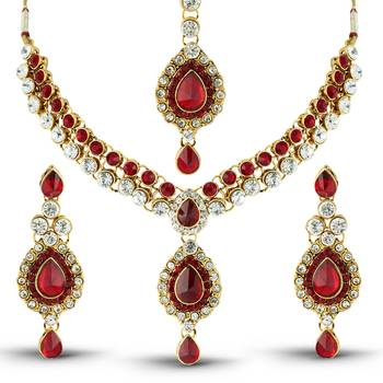 Wedding Wear Red Austrian Stone Gold Finishing Necklace Set With Maang Tikka 2