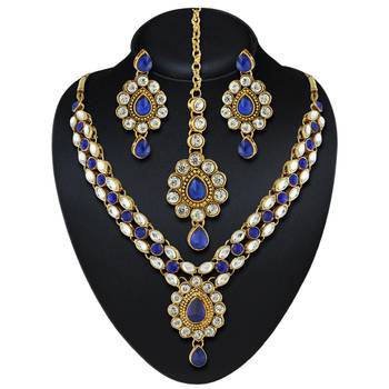 Attractive Design Gold Finishing Blue Austrian Stone Necklace Set With Maang Tikka 1