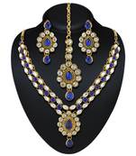 Attractive Design Gold Finishing Blue Austrian Stone Necklace Set With Maang Tikka