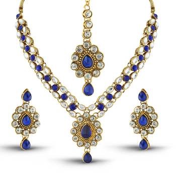 Attractive Design Gold Finishing Blue Austrian Stone Necklace Set With Maang Tikka 2