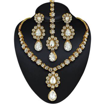 Gracefull Design Austrian Stone Gold Finishing Necklace Set With Maang Tikka 1