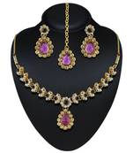 Exclusive Design Purple Austrian Stone Gold Finishing Necklace Set With Maang Tikka