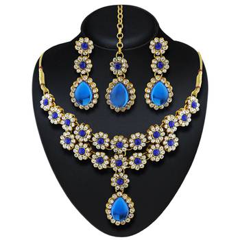 Classy Design Austrian Stone Gold Finishing Party Wear Necklace Set With Maang Tikka 1