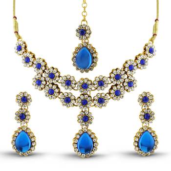 Classy Design Austrian Stone Gold Finishing Party Wear Necklace Set With Maang Tikka 2