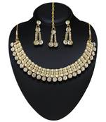Austrian Stone With Pearl Gold Finishing Party Wear Necklace Set With Maang Tikka