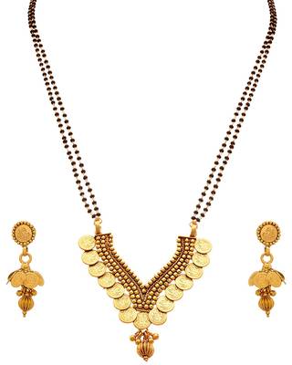 JFL - Traditional Ethnic Temple Goddess Laxmi Coin One Gram Gold Plated Black Bead Double Chain Mangalsutra 1
