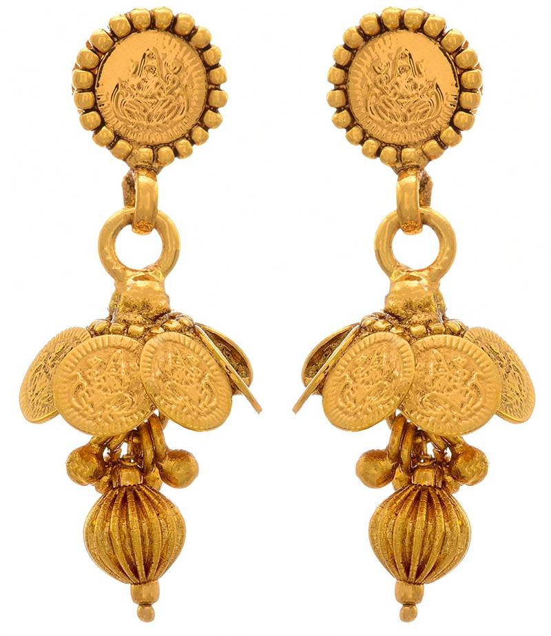 JFL - Traditional Ethnic Temple Goddess Laxmi Coin One Gram Gold Plated Black Bead Double Chain Mangalsutra