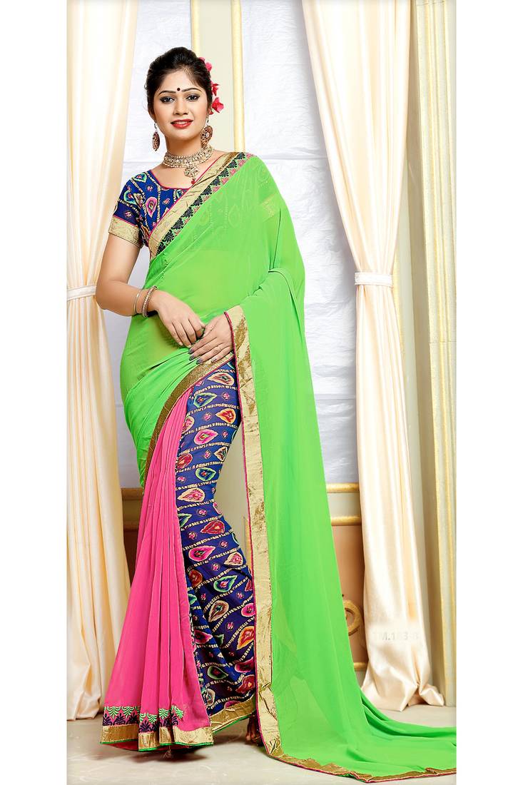 Green printed georgette saree with blouse