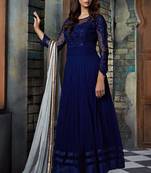 Navy blue net embroidered semi stitched salwar with dupatta