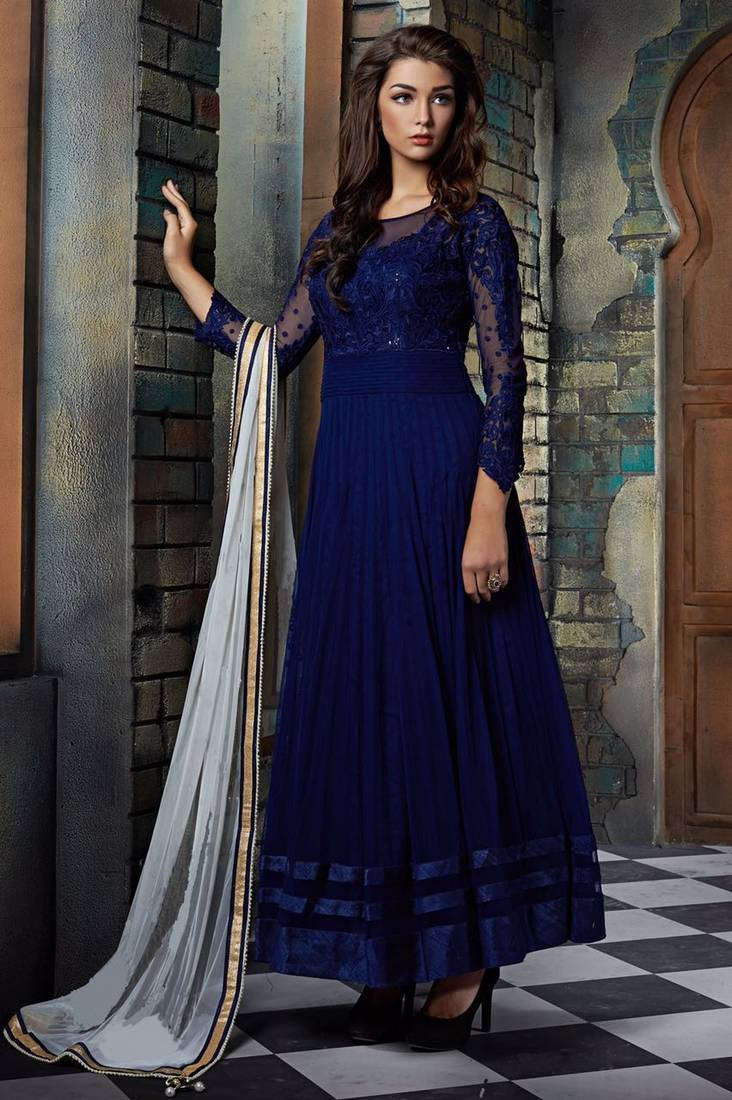 Navy blue net embroidered semi stitched salwar with dupatta