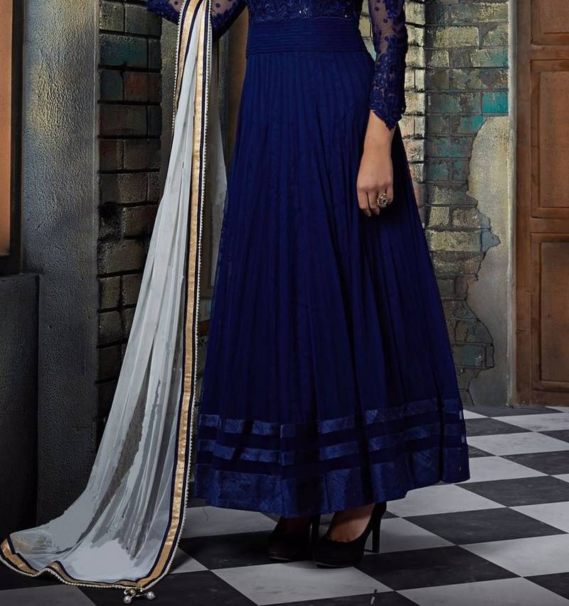 Navy blue net embroidered semi stitched salwar with dupatta