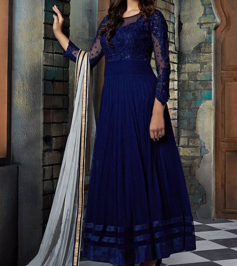 Navy blue net embroidered semi stitched salwar with dupatta