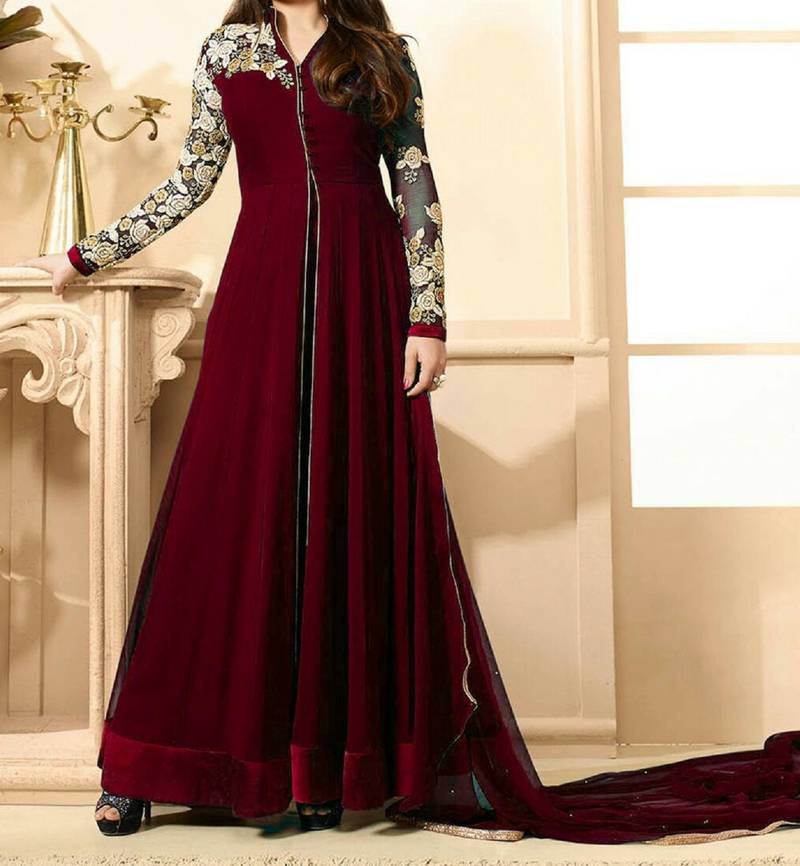 Maroon georgette embroidered semi stitiched salwar with dupatta