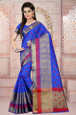 Blue plain cotton silk saree with blouse 1