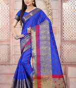 Blue plain cotton silk saree with blouse