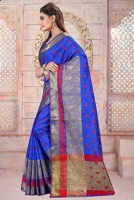 Blue plain cotton silk saree with blouse 2