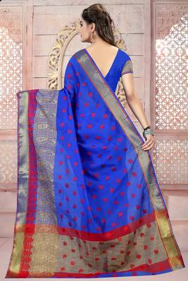 Blue plain cotton silk saree with blouse 3