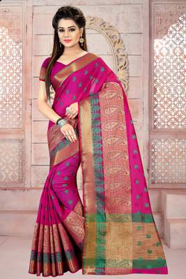 Pink plain cotton silk saree with blouse 1