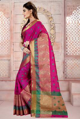 Pink plain cotton silk saree with blouse 2