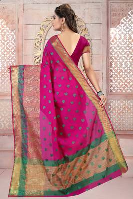Pink plain cotton silk saree with blouse 3