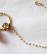 Nose Ring  Bridal Press Nath Gold Plated Maroon Drop, Attached Double Pearl Chain