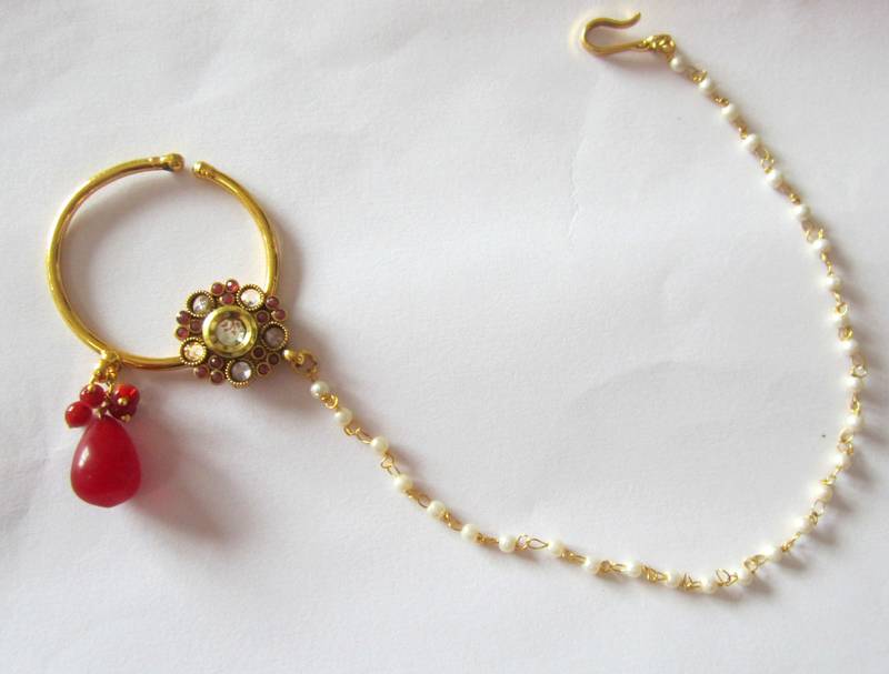 Nose Ring  Bridal Press Nath Gold Plated Maroon Drop, Attached Double Pearl Chain