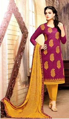 Purple Cotton Rich Embroidery Unstitched Salwar With Dupatta 1
