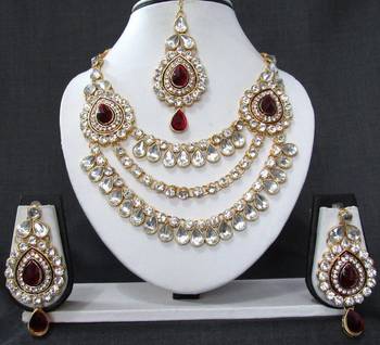 2 brooch 3 line maroon stone wedding necklace set 1