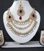 2 brooch 3 line maroon stone wedding necklace set