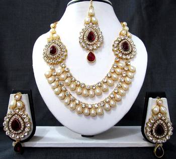 Two brooch maroon stone wedding necklace set 1