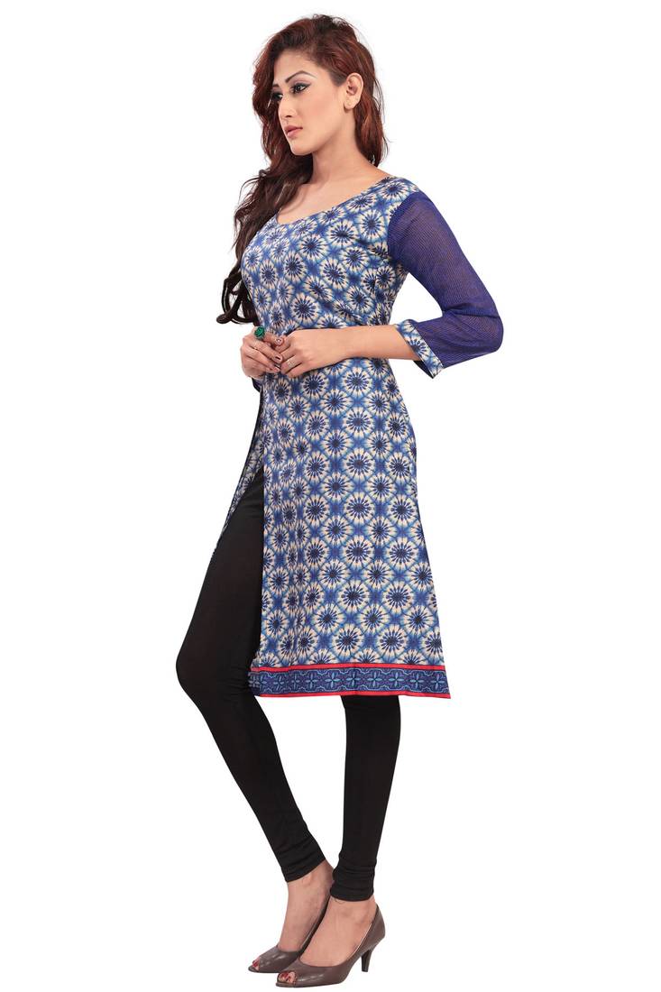 Blue Color Printed Rayon Cotton Straight Kurti Shopperpick 1506218