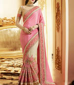 Light hot Pink embriodered Satin and super Net Saree with blouse