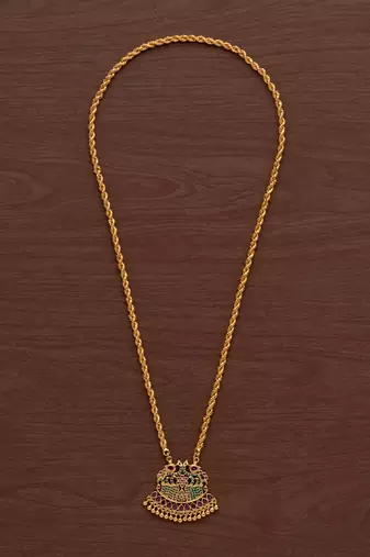Rope chain necklace with peacock pendant green one gram gold