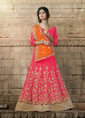 Pink Embroidered Georgette Unstitched Lehenga 1