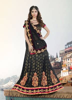 Black Embroidered Net Unstitched Lehenga 1