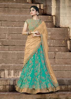 Green Embroidered Net Unstitched Lehenga 1