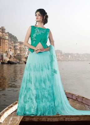 Blue Embroidered Net Unstitched Lehenga 1
