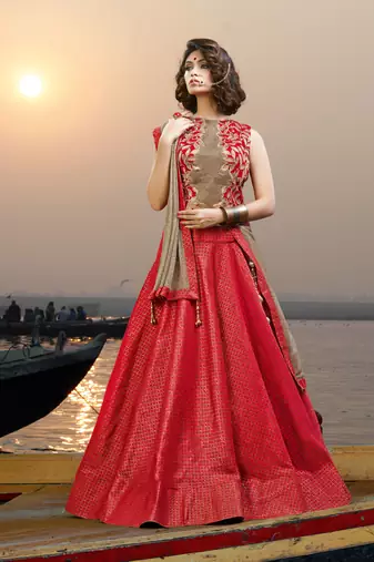 Red Embroidered Jacquard Unstitched Lehenga