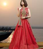 Red Embroidered Jacquard Unstitched Lehenga