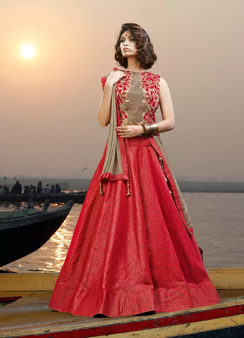 Red Embroidered Jacquard Unstitched Lehenga