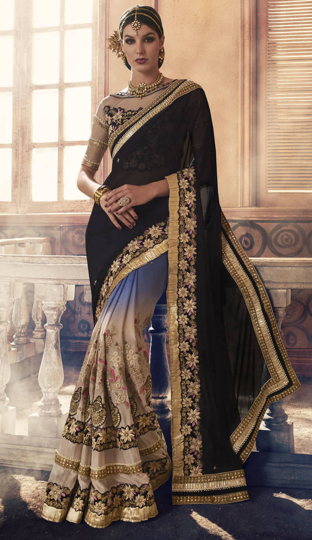 Black embroidered georgette saree with blouse