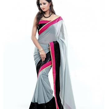 Grey embroidered georgette saree with blouse 1