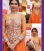 Deepika Padukone orange designer embroidered semi stitched anarkali suit