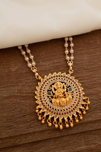 Off-white pearl necklace LONG with big laxmi pendant one gram gold