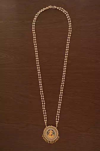 Off-white pearl necklace LONG with big laxmi pendant one gram gold