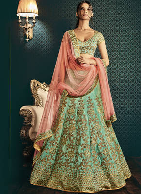 dark aqua blue embroidered art silk unstitched lehenga 1